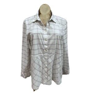 J Jill Women White Black Red Long Sleeve Cotton Blend Plaid Blouse Medium